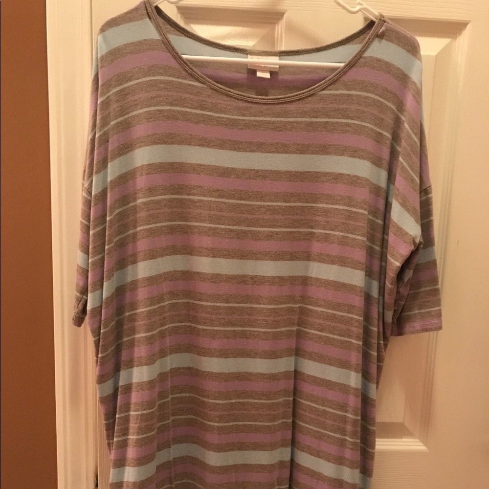 LulaRoe Grey, Purple & Blue Striped Irma - Size S